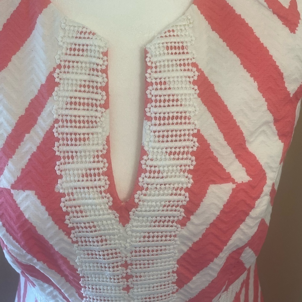 Taylor Sundress, Short 100% Cotton, Sheath,  Zigzag‎ print w/ embroidered trim - Picture 4 of 14